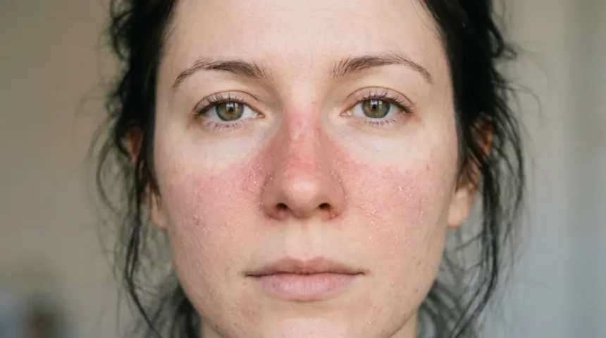 Close-up of facial redness, dryness, and flaking caused by a damaged skin barrier.