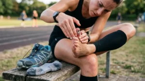 Runner examining a bruised, loose toenail caused by repeated pressure from a tight shoe.