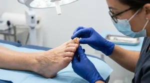 Medical professional examining a loose, discolored toenail to determine the cause of nail loss.