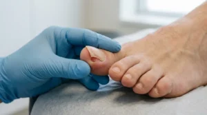 Person carefully avoiding pulling a partially attached loose toenail.