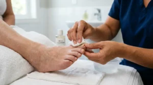 Person gently cleaning a loose toenail with mild soap, water, and clean gauze.