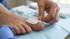 Person covering a loose toenail with a sterile nonstick dressing.