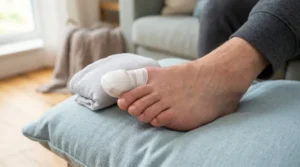 Injured foot elevated with a wrapped cold pack to reduce swelling and pressure around a loose toenail.