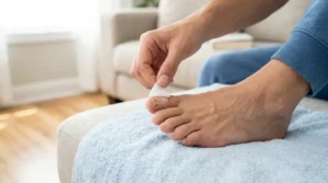 Person checking a healing loose toenail for redness, swelling, or drainage.