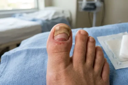 Partially detached big toenail showing early regrowth after an injury.