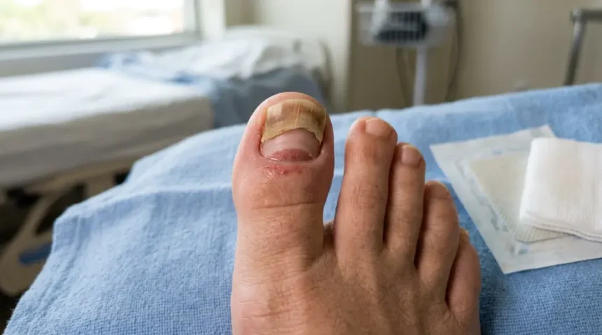 Partially detached big toenail showing early regrowth after an injury.