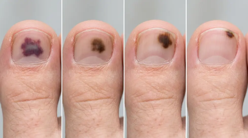 Bruised toenail changing as the dark area grows out during healing