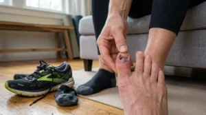 Runner examining a bruised toenail after pressure from a tight shoe