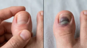 Toenail pain appearing before dark discoloration develops after an injury