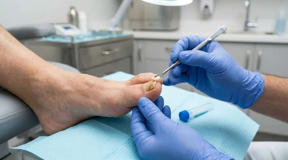 Podiatrist collecting a toenail sample to confirm a fungal infection before treatment