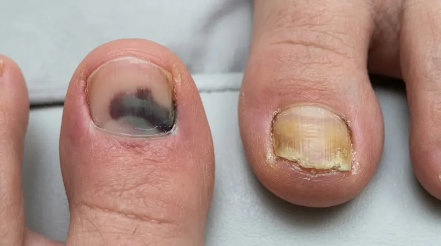 Bruised toenail compared with a thick, yellow fungal toenail