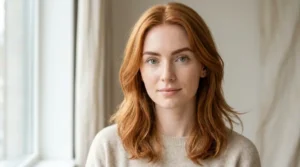 Fair-skinned woman with green eyes and flattering copper-auburn hair.