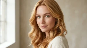 Fair-skinned woman with green eyes and strawberry blonde hair