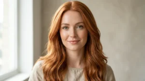 Fair-skinned woman with green eyes and soft copper hair.