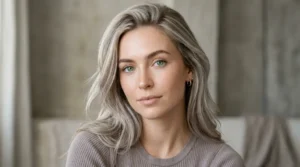 Fair-skinned woman with green eyes and cool ash blonde hair.