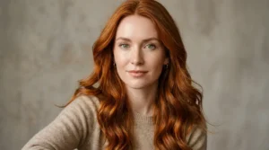Fair-skinned woman with green eyes and rich copper hair.
