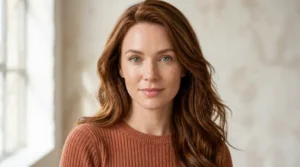 Fair-skinned woman with green eyes and warm auburn hair.