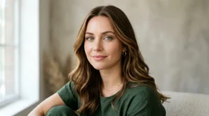 Fair-skinned woman with green eyes and caramel brunette hair.