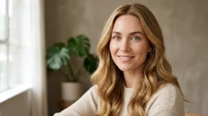 Fair-skinned woman with green eyes and warm honey blonde hair.