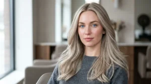 Cool beige blonde hair on a woman with pale skin and blue eyes.
