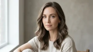 Fair-skinned woman with green eyes and cool mushroom brown hair.