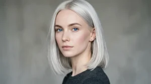 Icy platinum blonde hair on a woman with pale skin and blue eyes.