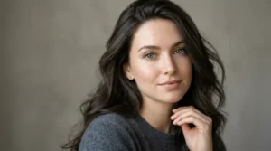Fair-skinned woman with green eyes and dark ash brown hair.