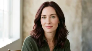 Fair-skinned woman with green eyes and rich burgundy brown hair.