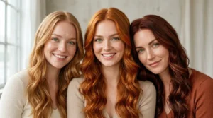 Women with green eyes wearing strawberry blonde, copper, and auburn hair colors.