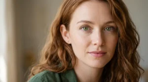 Close-up of green eyes with natural gold flecks and warm auburn hair.