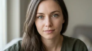 Close-up of green eyes with subtle gray and blue tones.