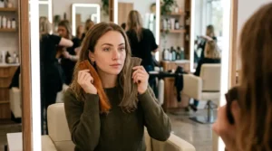 Green-eyed woman comparing two flattering hair-color swatches in a salon.