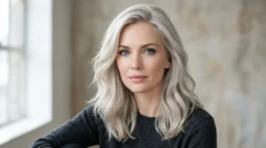 Silver blonde hair on a woman with pale skin and blue eyes.