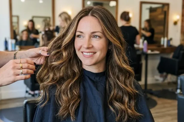 Woman with green eyes and caramel brunette hair suited to her fair skin tone.