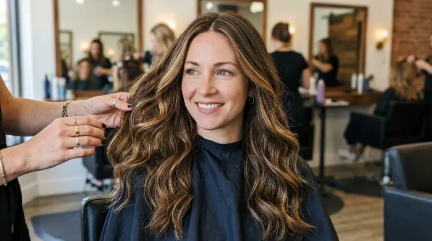 Woman with green eyes and caramel brunette hair suited to her fair skin tone.