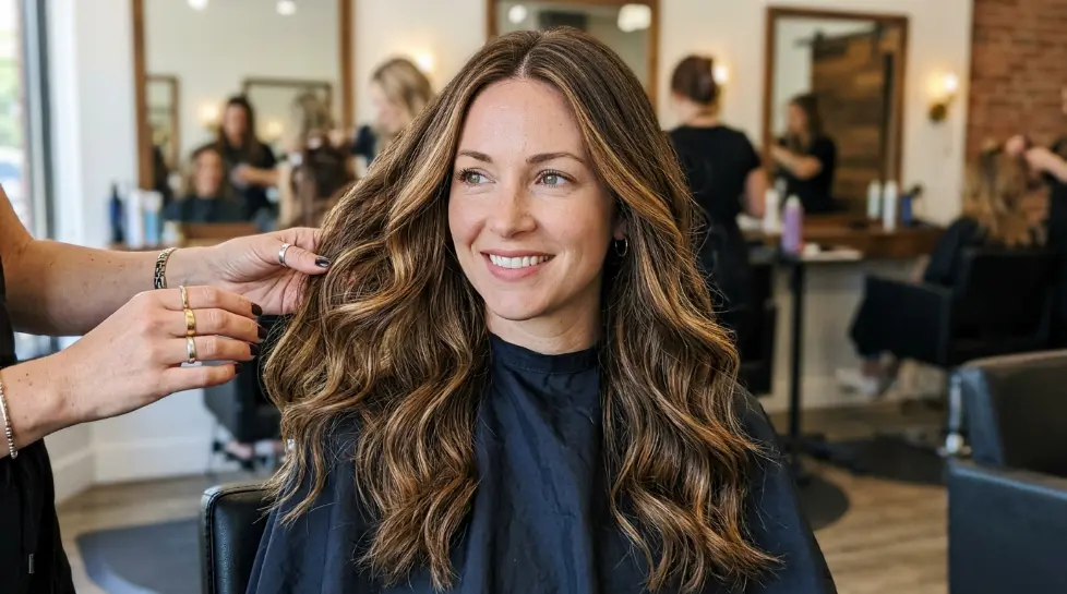 Woman with green eyes and caramel brunette hair suited to her fair skin tone.