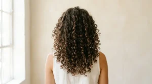 Woman with natural Type 3 curly hair and defined spiral ringlets.