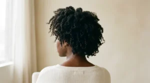 Black woman with natural Type 4 coily hair and dense springy coils.