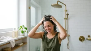 Woman washing her curly hair to reveal its natural curl pattern.