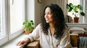 Woman air-drying her hair so the natural curl pattern can form.