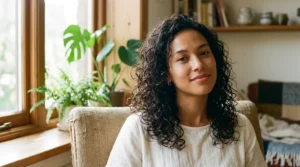Woman checking curl patterns in different sections of her hair.