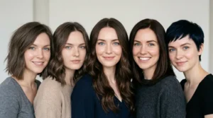 Best brunette hair colors for pale skin and blue eyes, including mushroom brown, light ash brown, cool chocolate, and espresso.