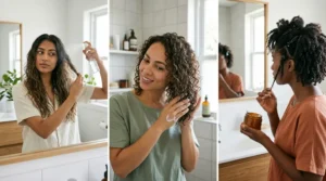 Women following different care routines for wavy, curly, and coily hair.