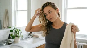 Woman scrunching a lightweight styling product into damp Type 2 wavy hair.