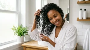 Woman applying leave-in conditioner to defined Type 3 curls.