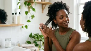 Black woman moisturizing damp Type 4 coily hair in small sections.