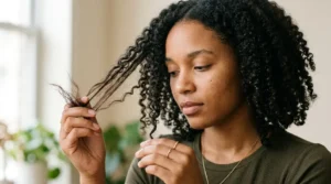Woman comparing defined roots with looser ends as her curl pattern changes.