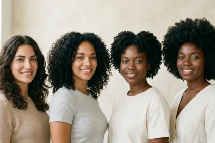 Curly hair types showing natural wavy, curly, and coily patterns.