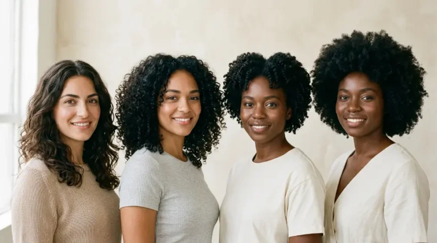Curly hair types showing natural wavy, curly, and coily patterns.