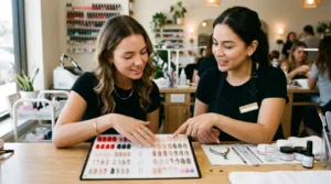 Client comparing acrylic nail lengths, shapes, and designs that affect the cost of a full set.